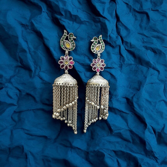 Oxidised Silver Peacock & Jhumka Earrings with Chain Drops