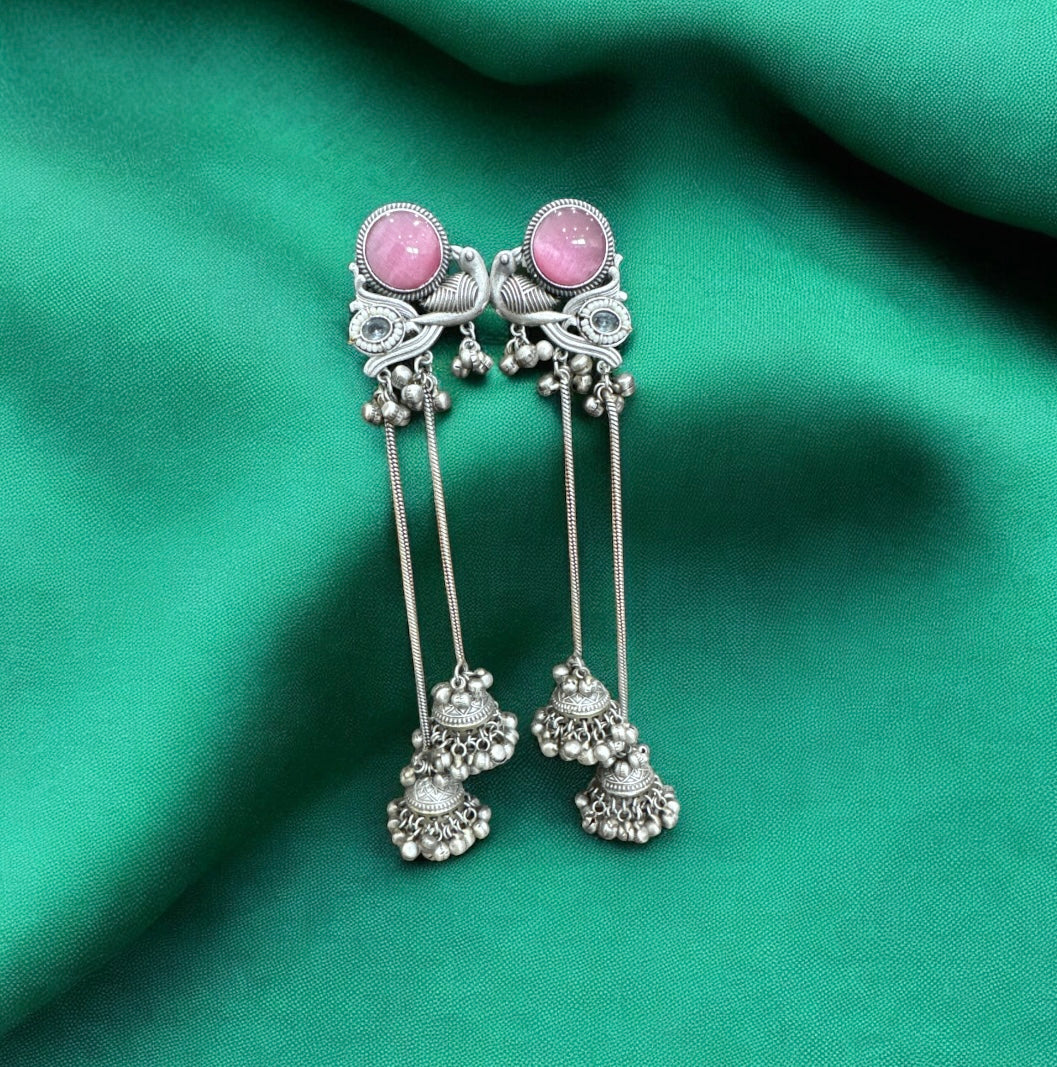 Peacock Motif Kashmiri Jhumka Earrings with Pink Stone