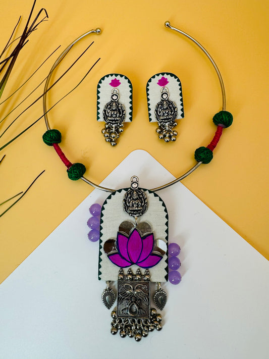 Statement Necklace with Painted Lotus & Lakshmi Pendant in Oxidized Finish