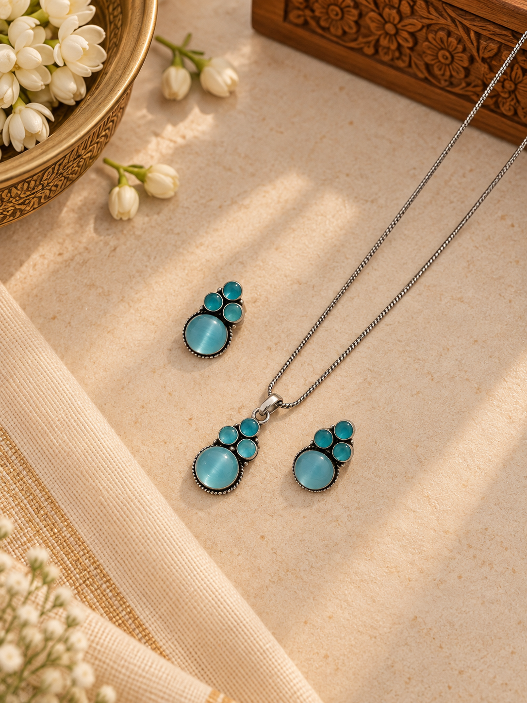 Silver Aqua Blue Stone Pendant & Earrings Set