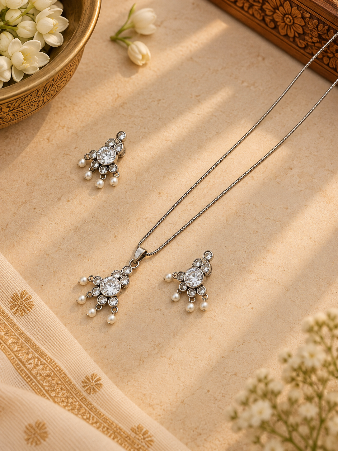 Silver White Stone & Pearl Pendant Earrings Set