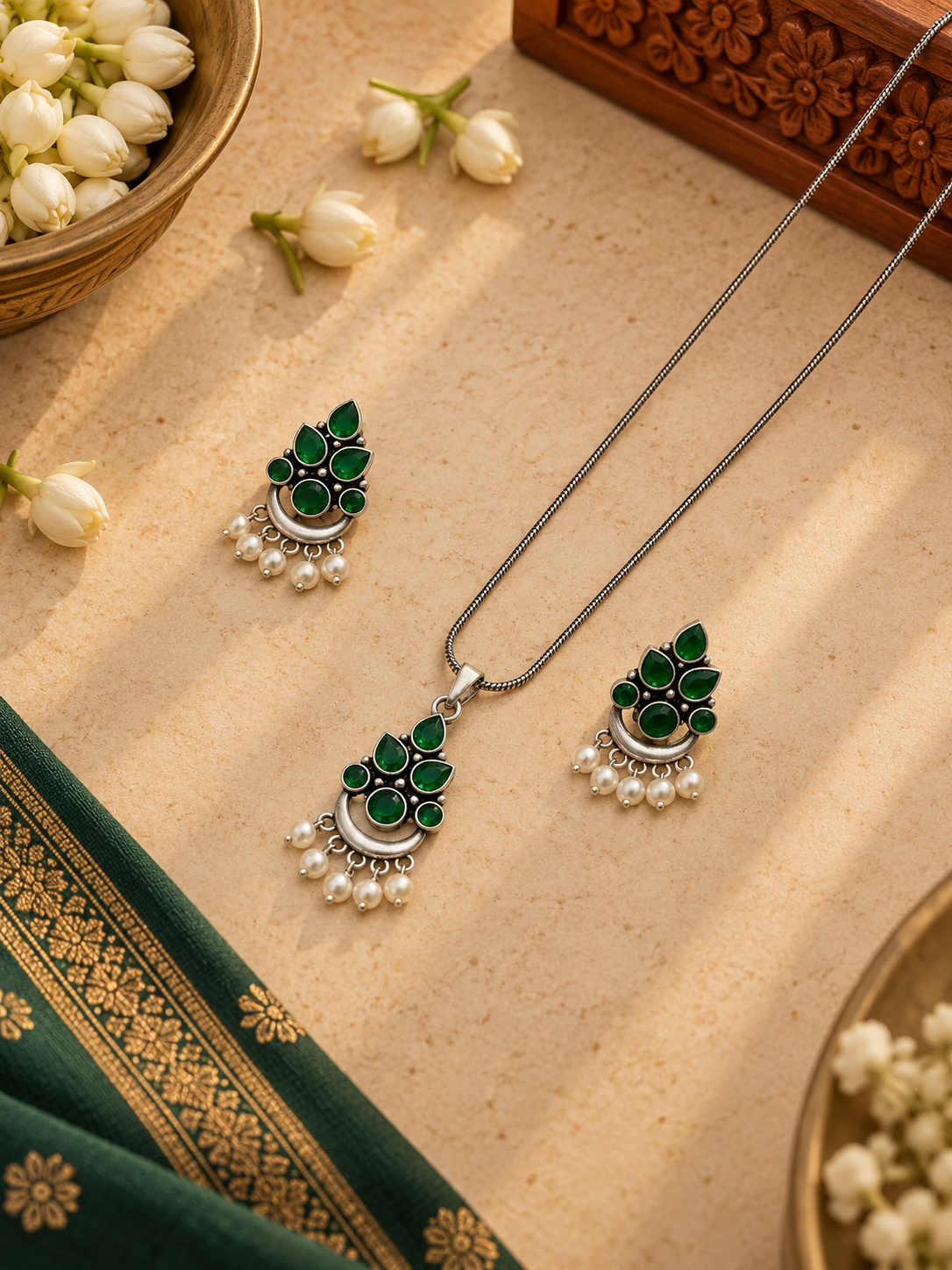 Silver Emerald Green Stone & Pearl Pendant Set