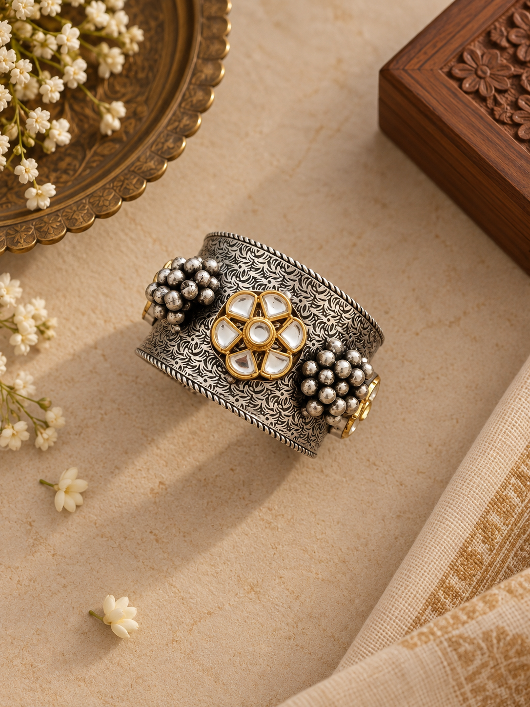 German Silver White Kundan Adjustable Cuff Bracelet – Single Piece