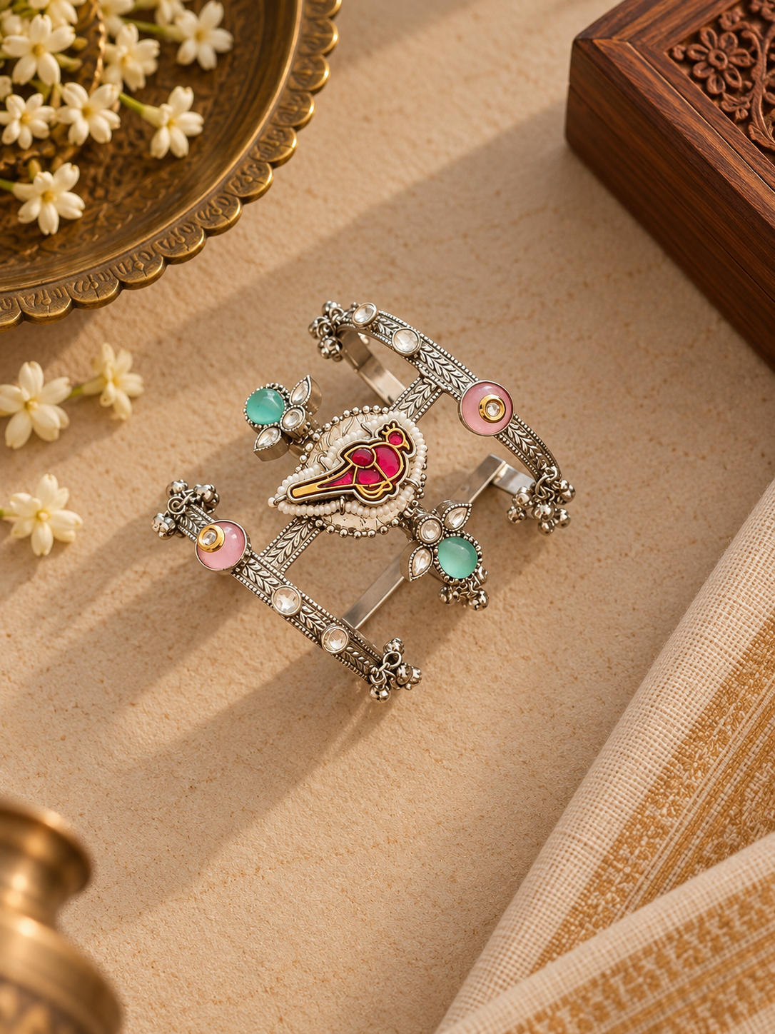 German Silver Bird Motif Kundan Adjustable Cuff Bracelet – Single Piece