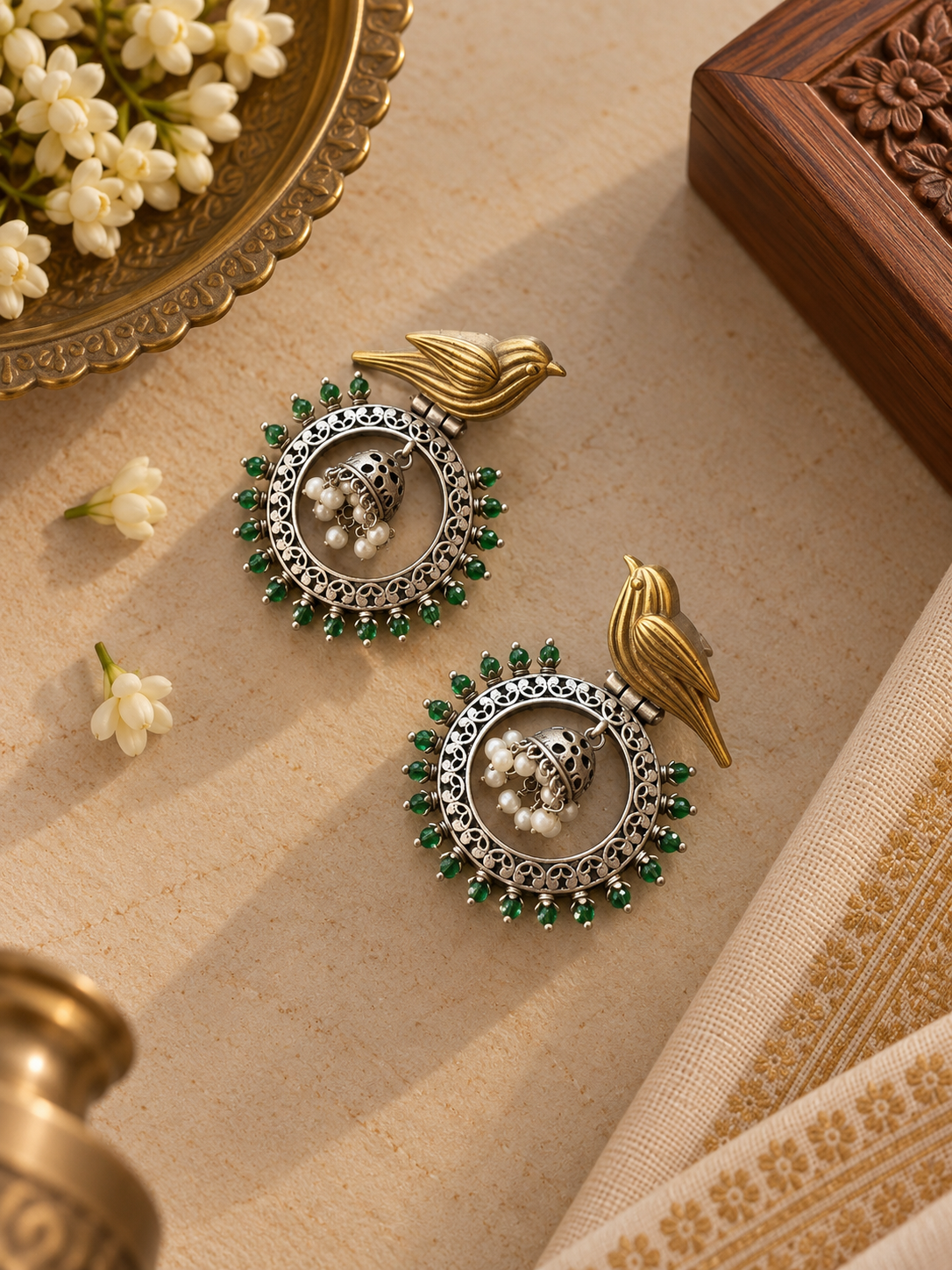 Dual-Tone German Silver Bird Jhumka Earrings with Green Beads