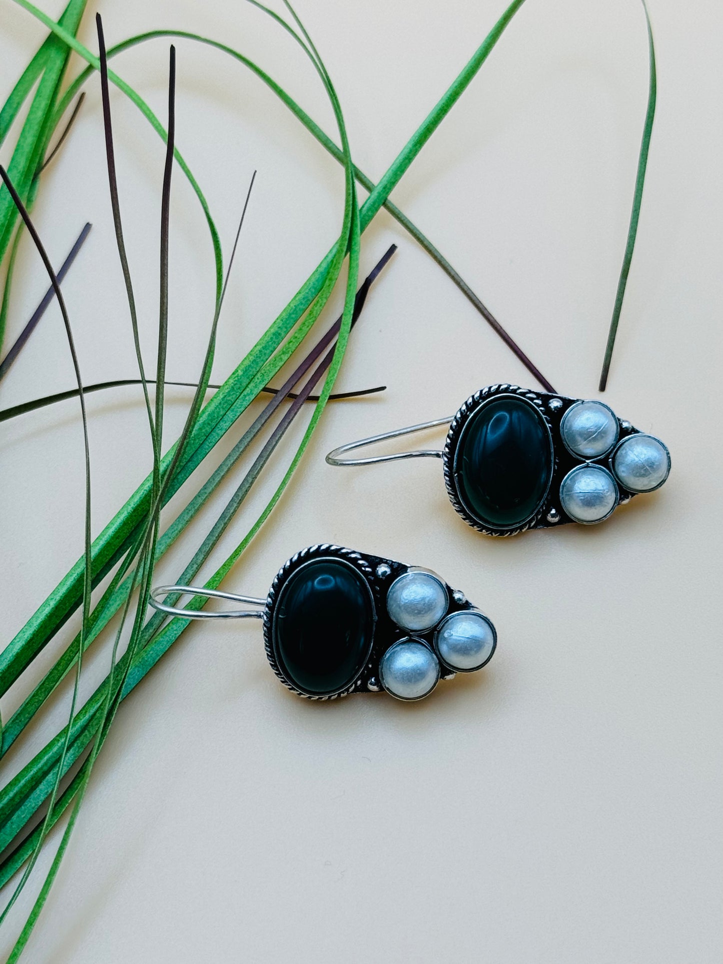 Dark Green Pearl Drop Earrings