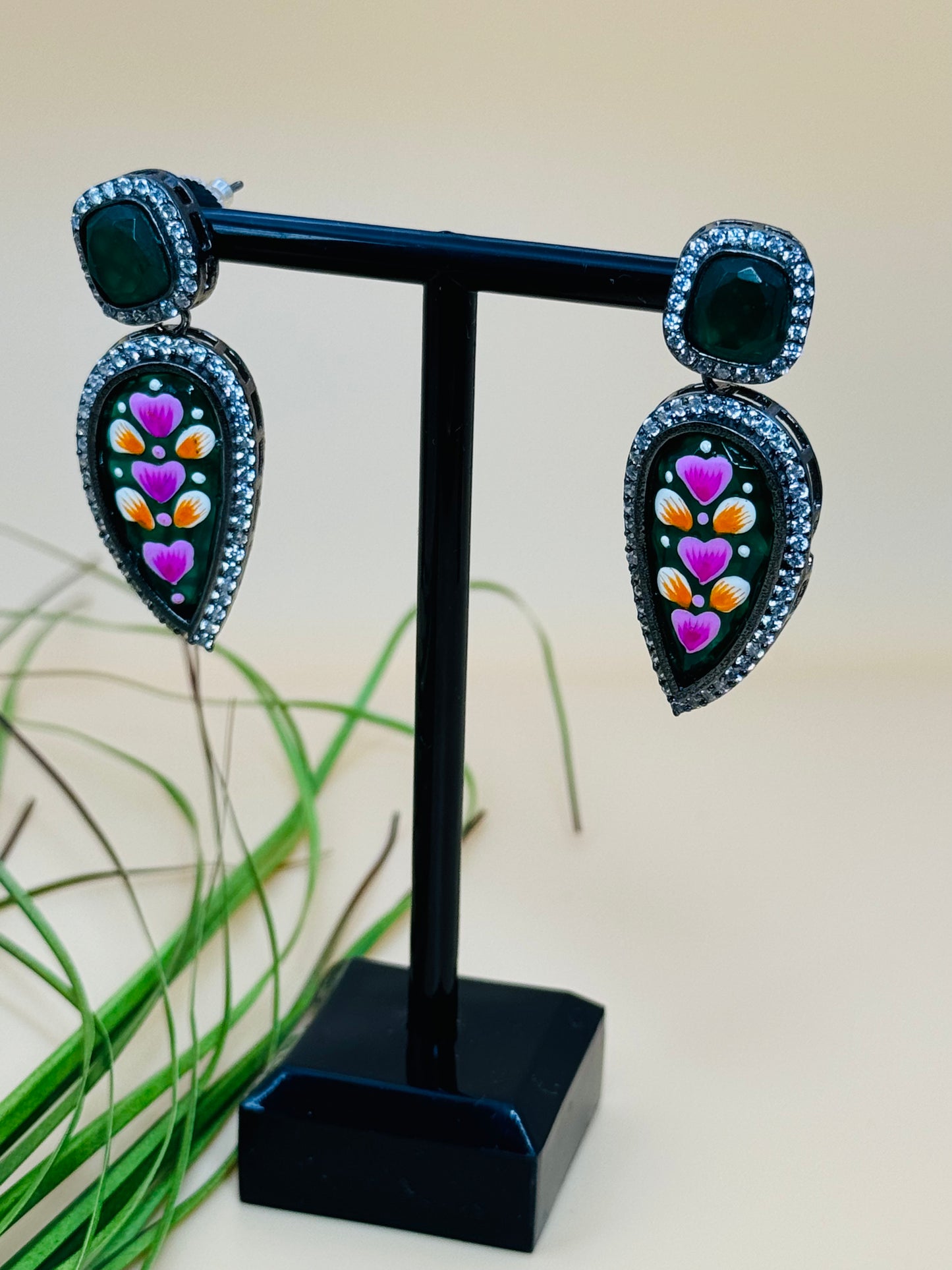 Verdant Leaf Green Stone & White Diamond Earrings
