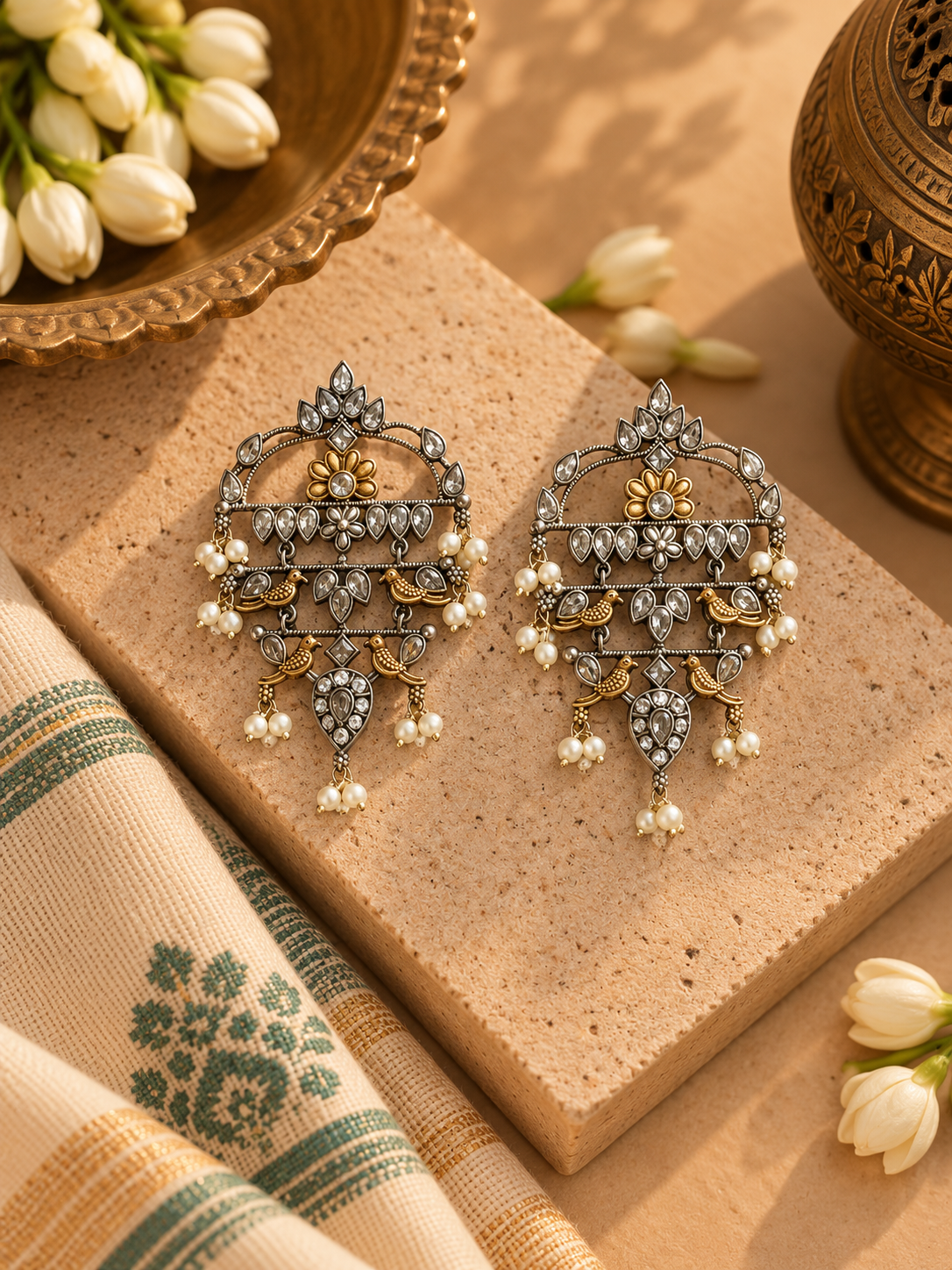 Dual-Tone German Silver White Kundan Peacock Statement Earrings