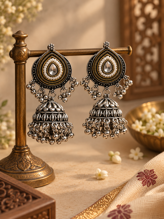 Oxidised White Kundan Long Necklace & Jhumka Set
