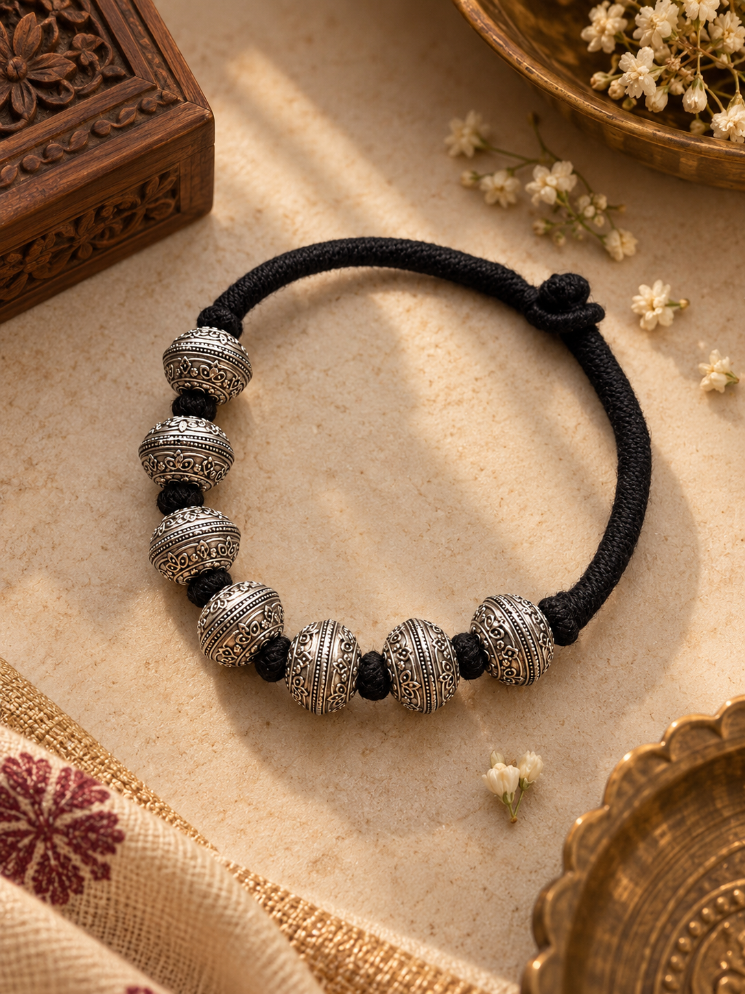Oxidised Seven-Bead Black Thread Necklace