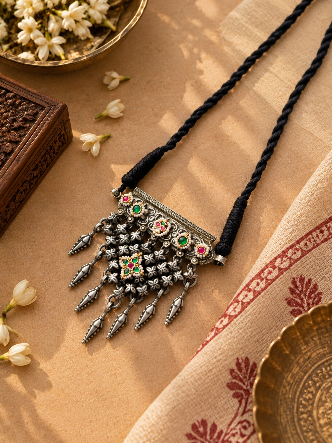 German Silver Pink & Green Floral Tassel Necklace