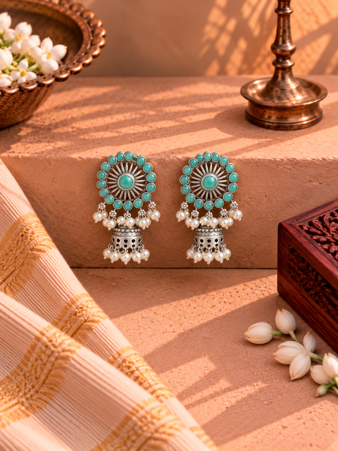 Oxidised German Silver Turquoise Stone Pearl Jhumka Earrings