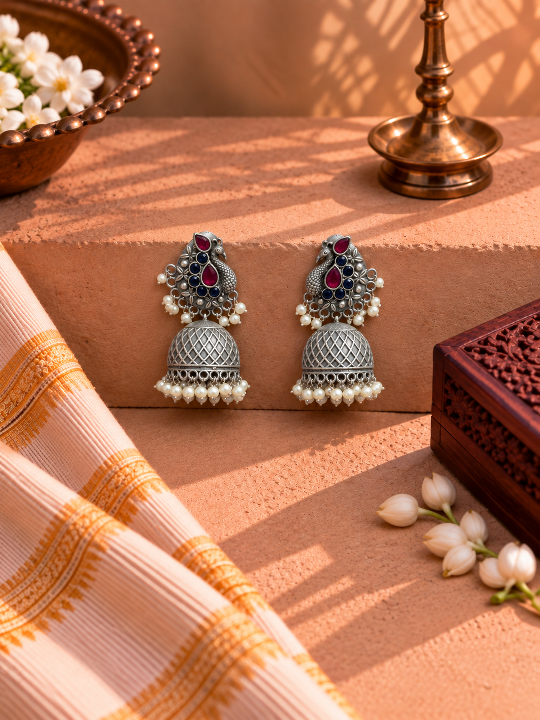 Oxidised German Silver Multicolour Peacock Jhumka Earrings
