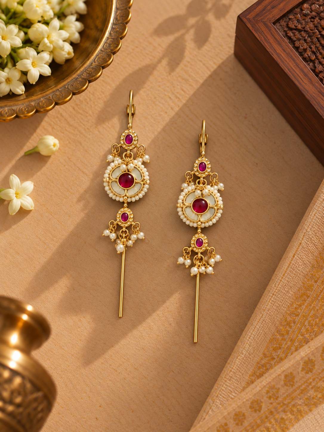 Gold-Tone German Silver Pink Stone Pearl Bugadi Ear Cuffs – Pair