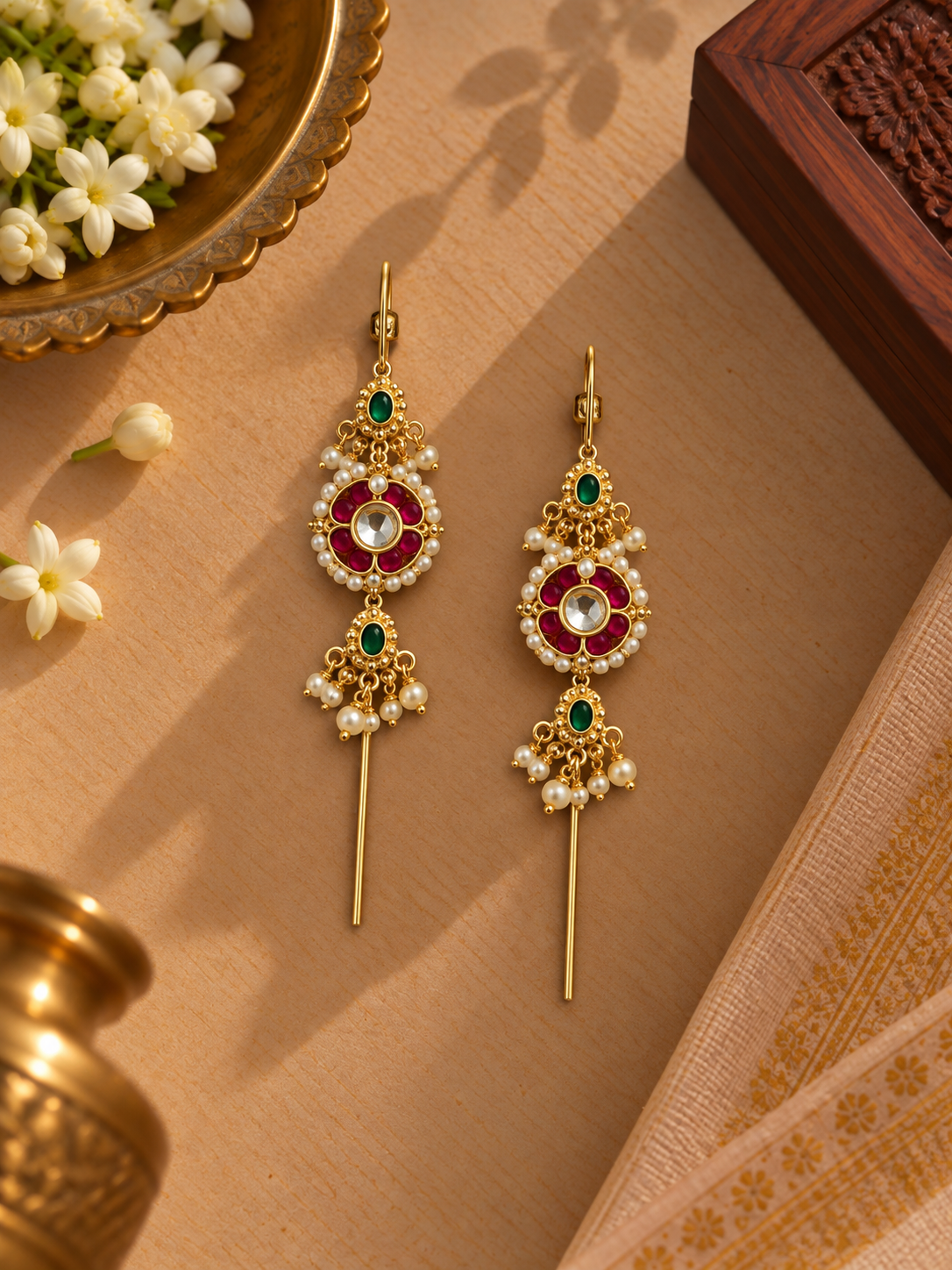 Gold-Tone German Silver Pink & Green Kundan Bugadi Ear Cuffs – Pair
