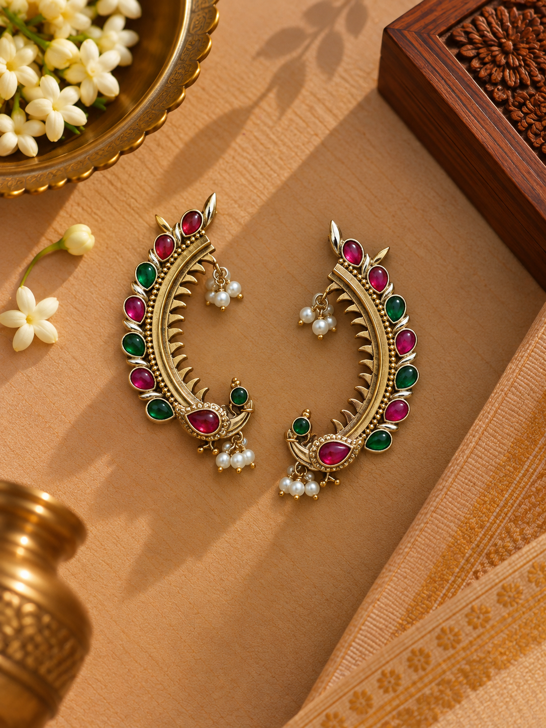 Gold-Tone German Silver Pink & Green Peacock Ear Cuffs – Pair