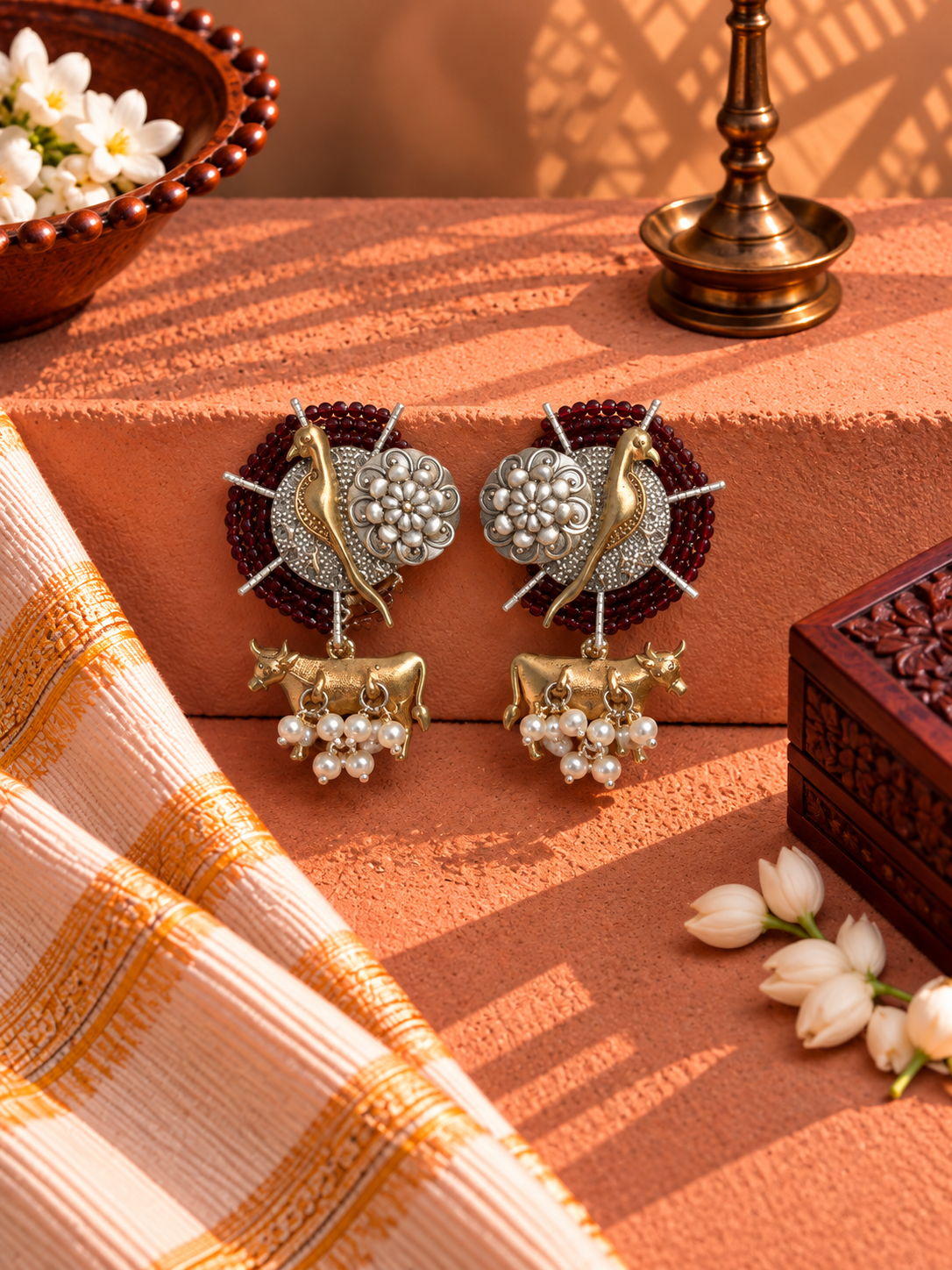 Dual-Tone German Silver Peacock Nandi Pearl Earrings