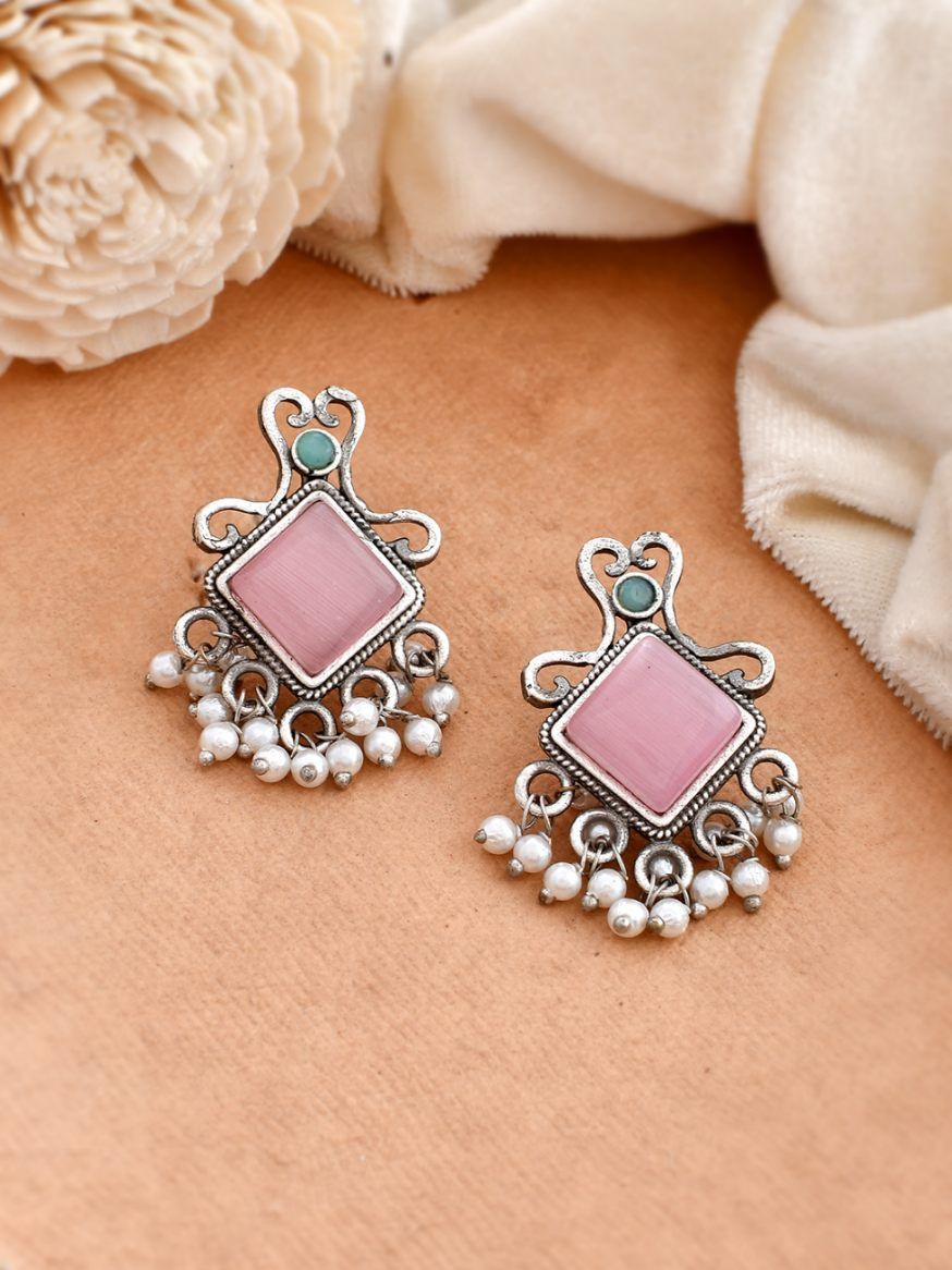 Pastel Square Stone and Pearl Oxidized Earrings