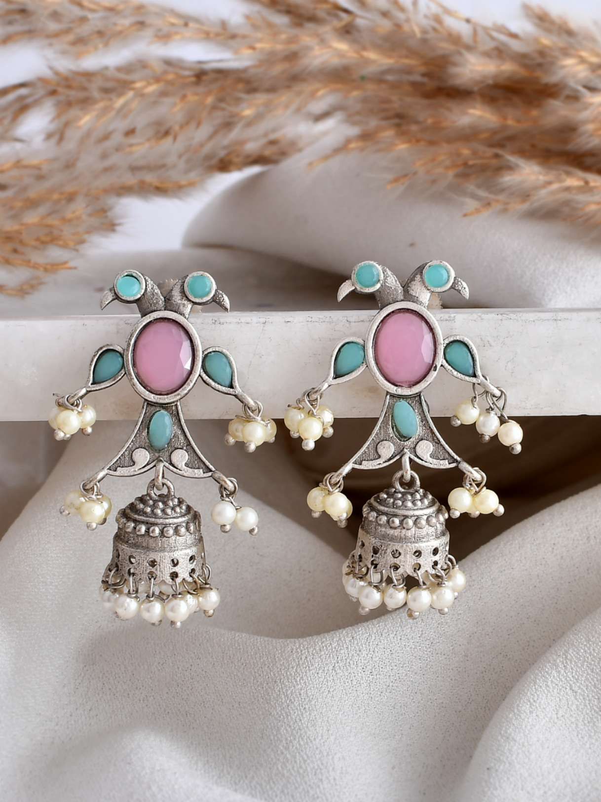 Pastel Pink & Sky Blue Peacock-Shaped Earrings – A Symbol of Grace and Elegance