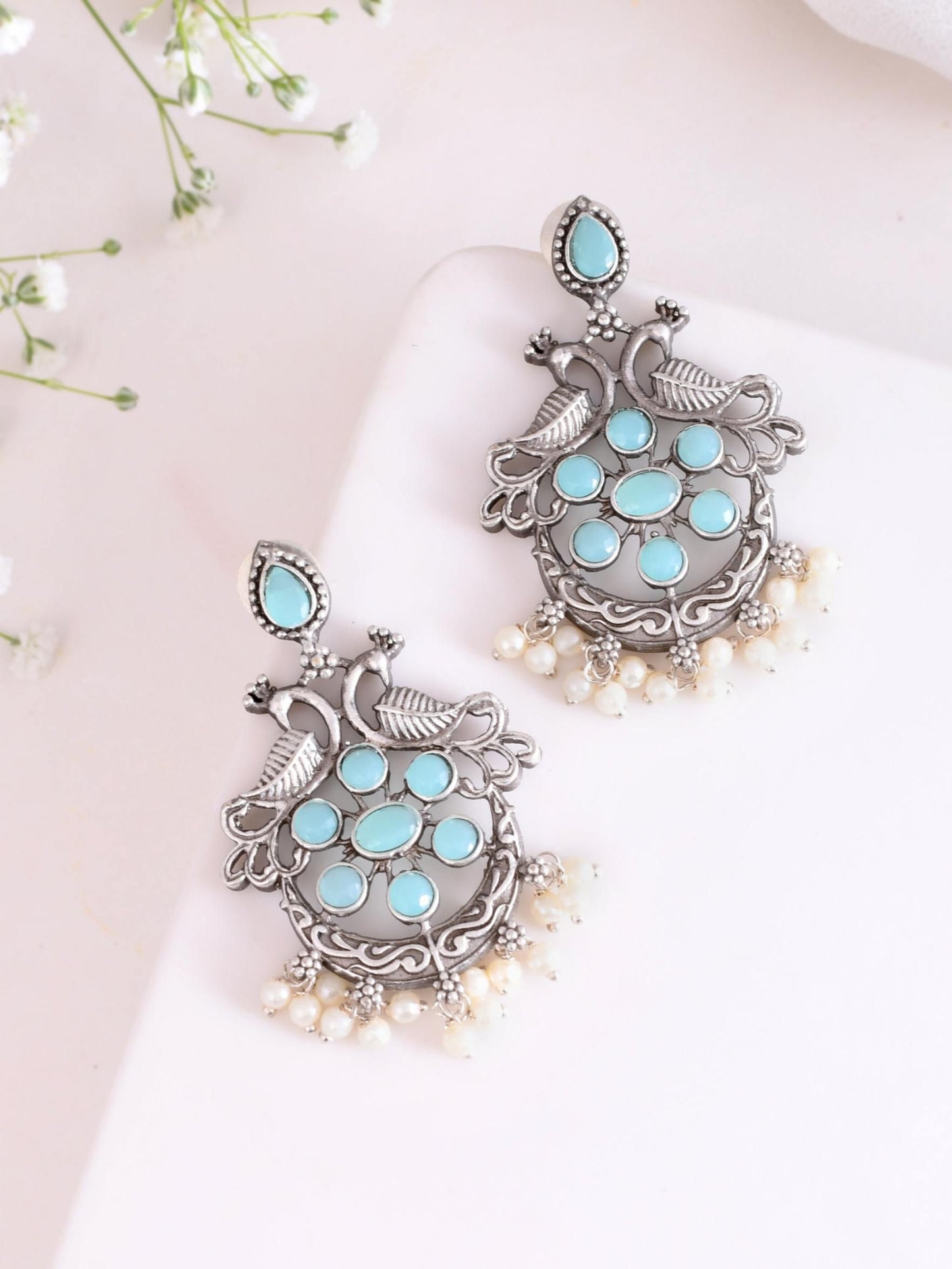 Peacock Chandbali Earrings with Pastel Colors and Pearls