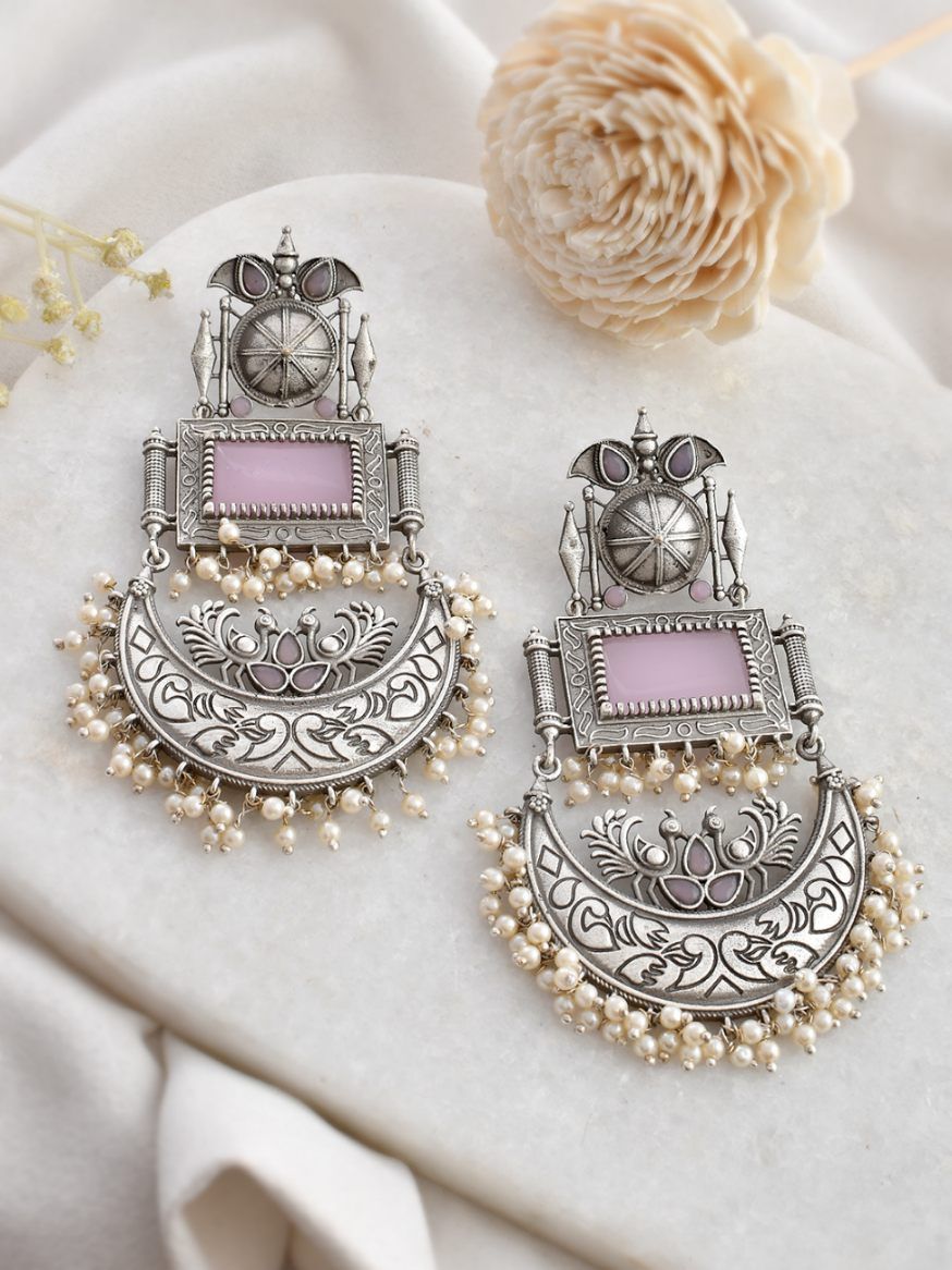 Chandbali Jhumka Earrings with Pastel Pink Stones and Pearls