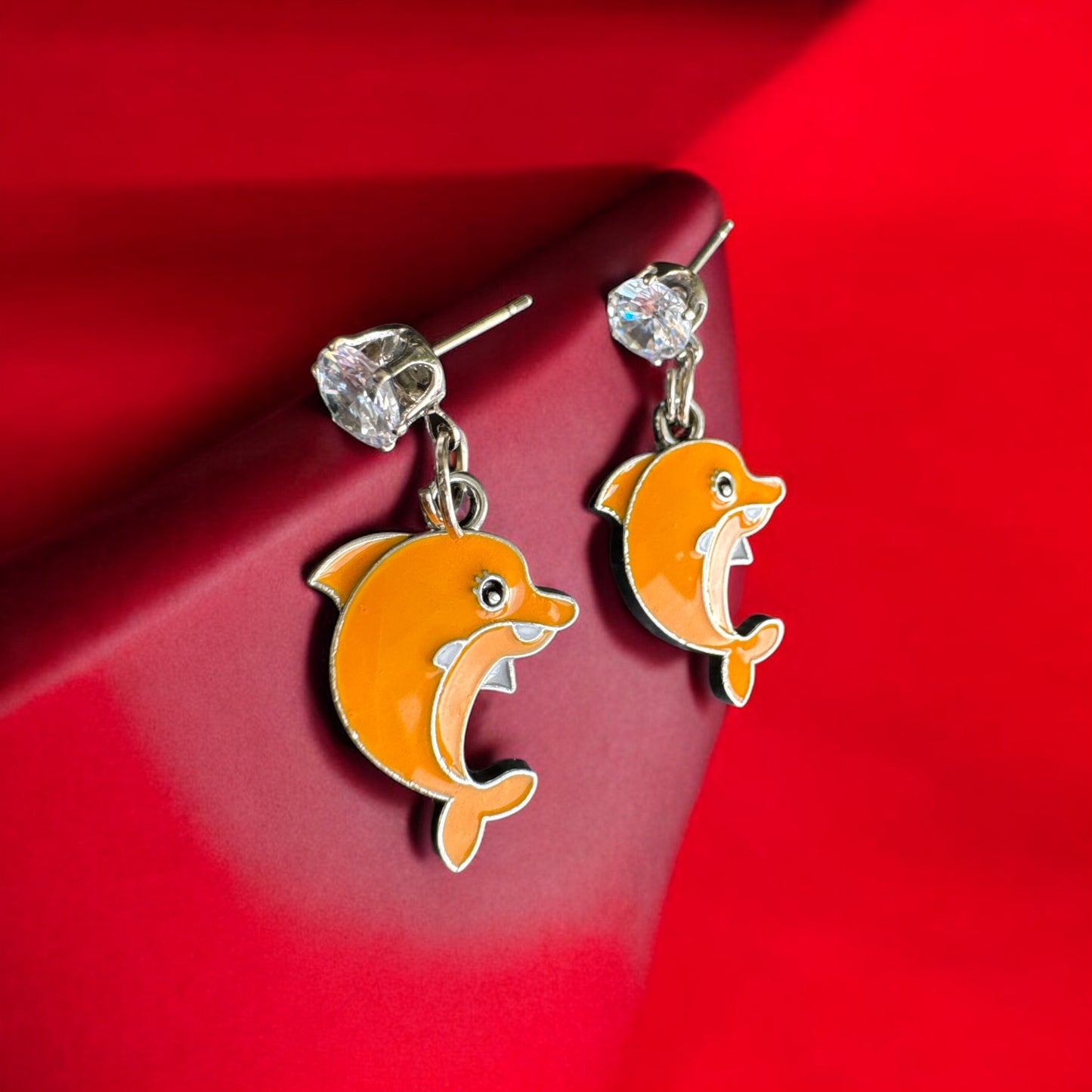 Sterling Silver Earrings with Orange Fish & Sparkling Stone – Playful Elegance