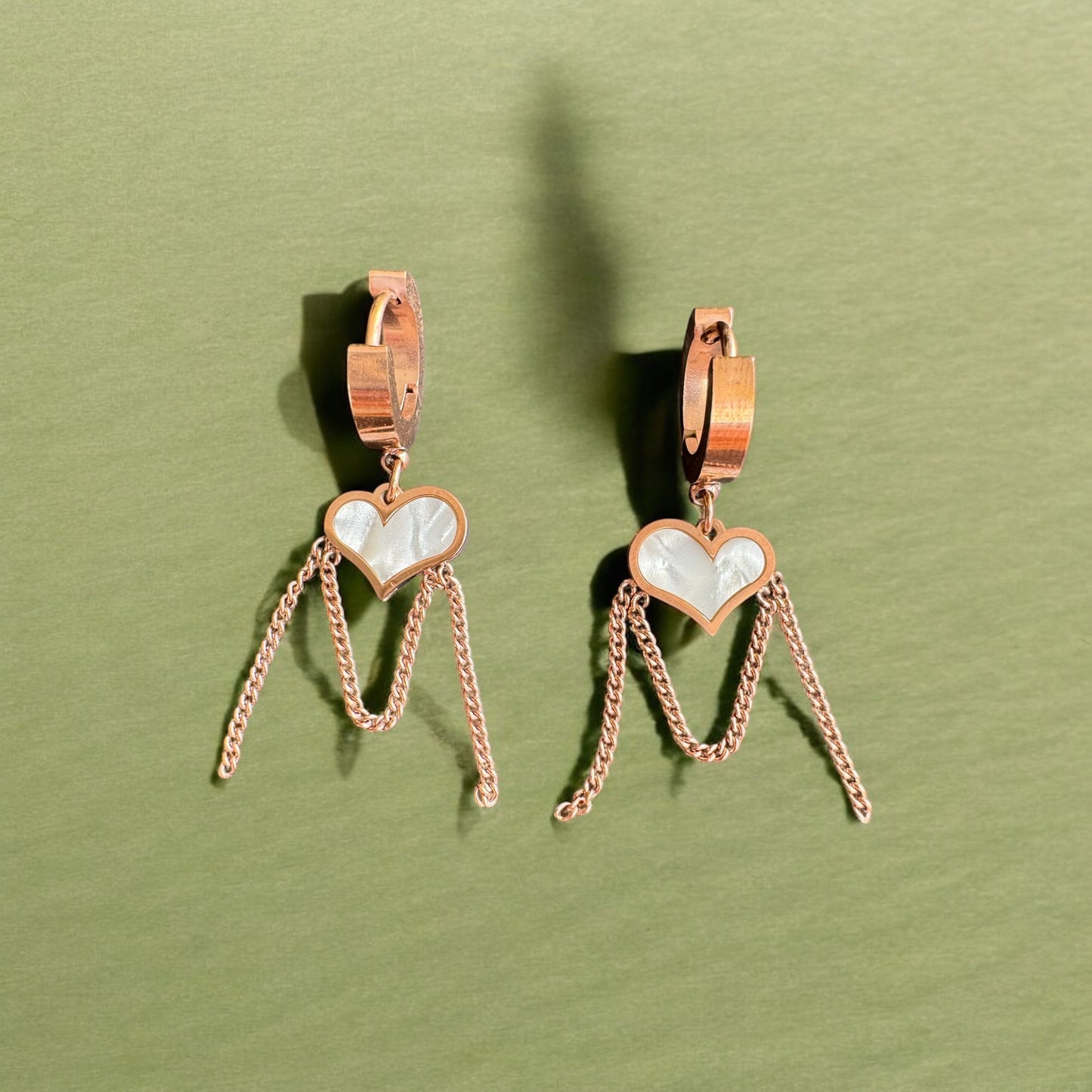 Rose Gold Hoop Earrings with Mother of Pearl Heart – Elegant & Timeless