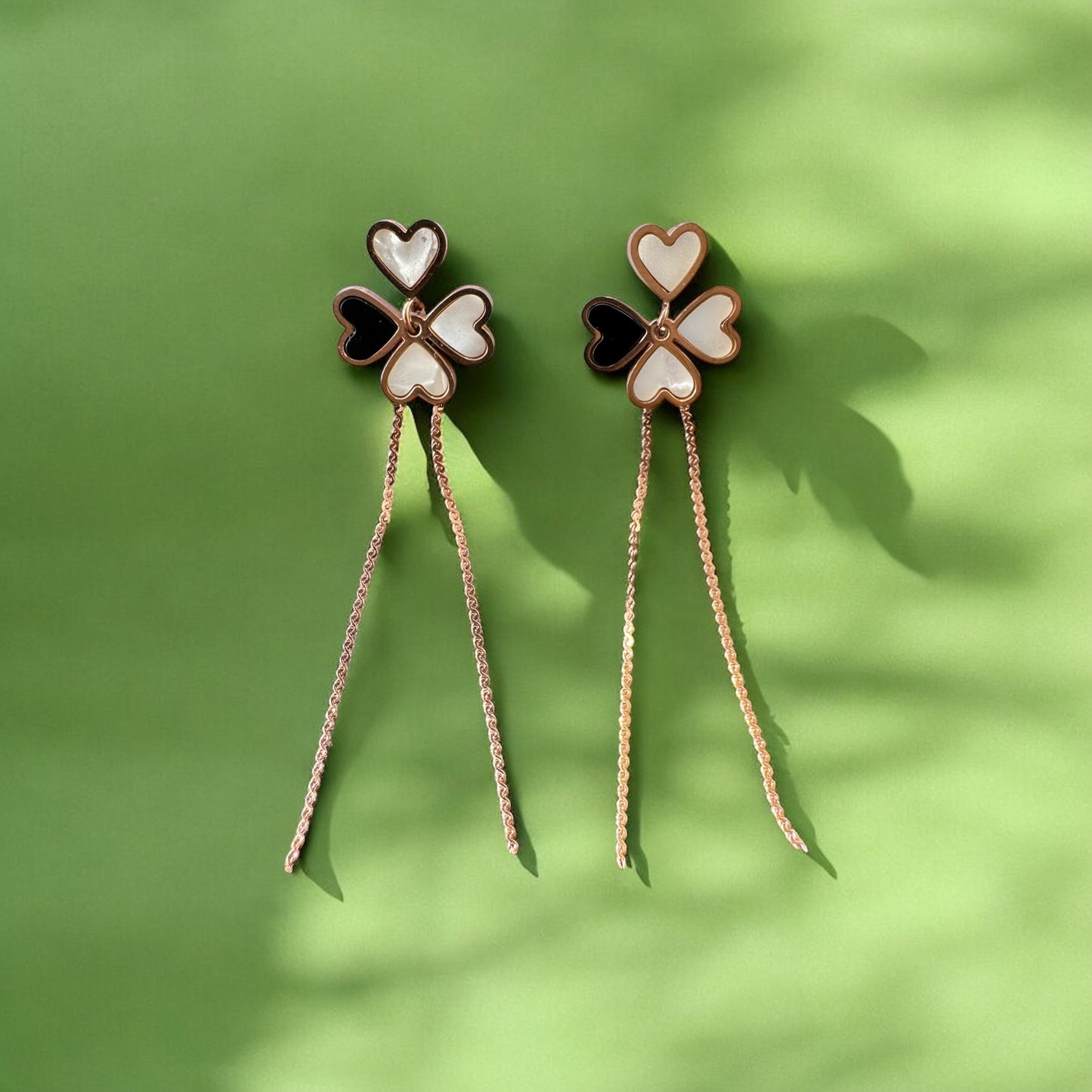 Rose Gold Black & White Mother of Pearl Leaf Heart Earrings – Elegant & Unique
