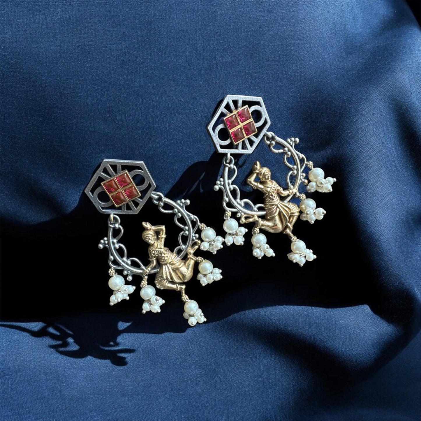 Radhe Krishna Oxidised Dual-Tone Earrings with Dark Pink Stone