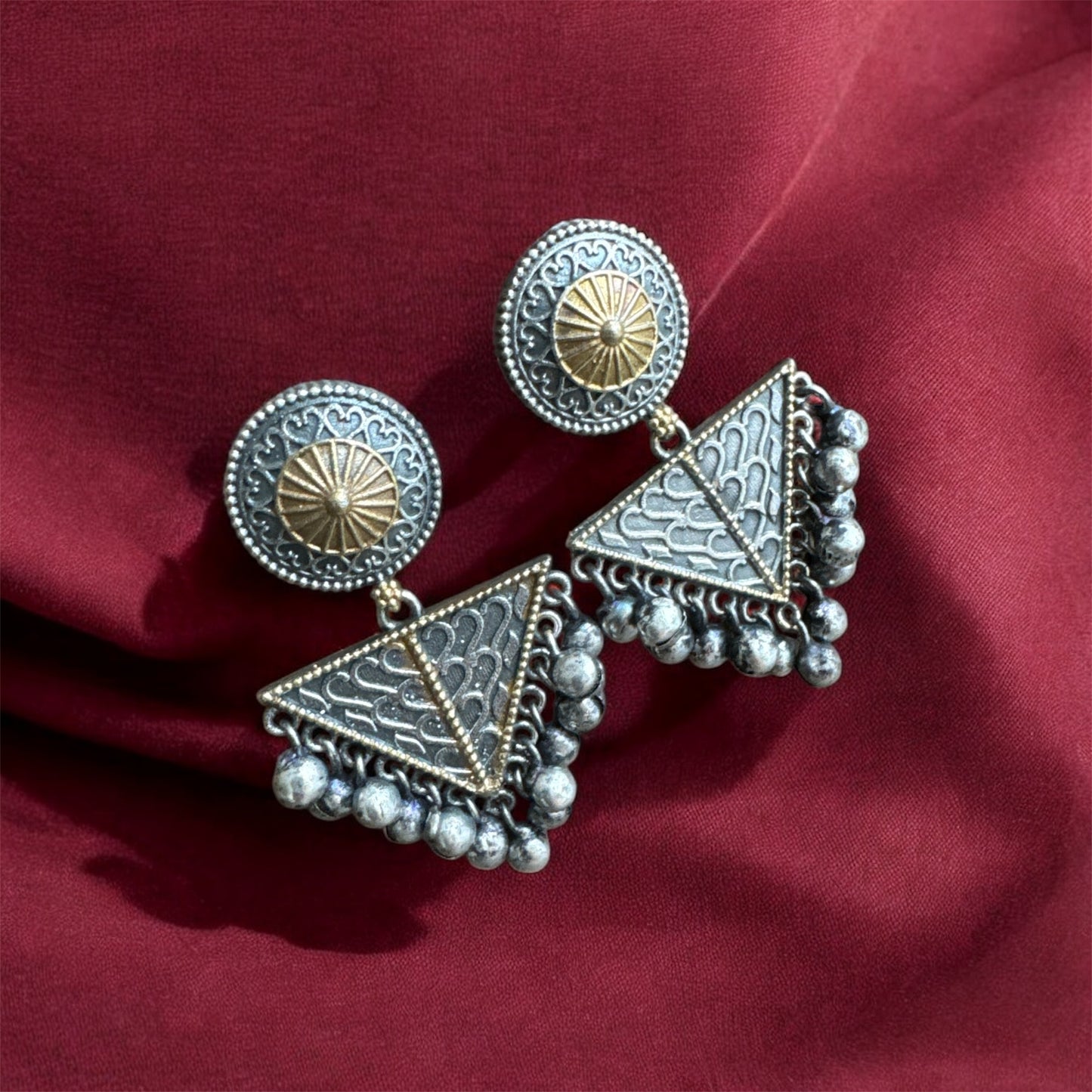 Triangle Earrings with Beaded Detailing – Oxidised Finish