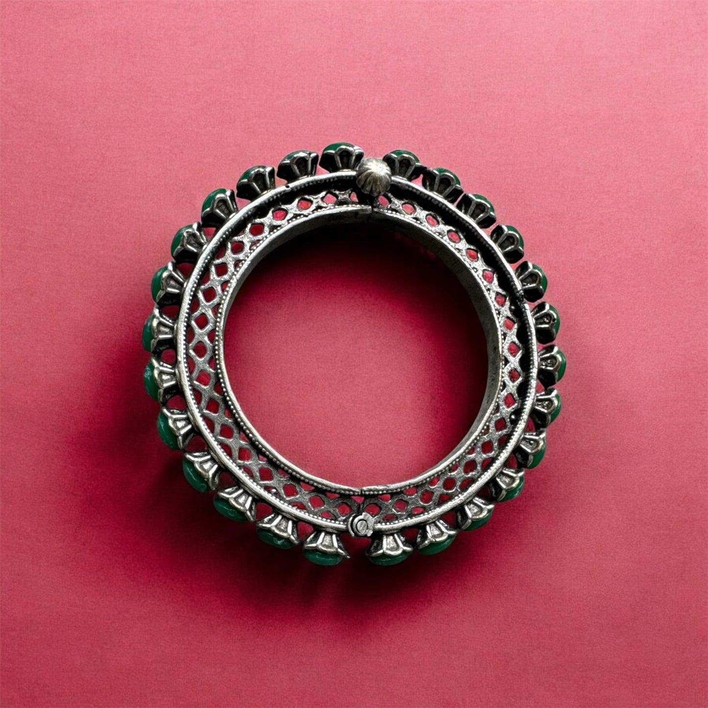 Oxidised Silver Green Stone Kada