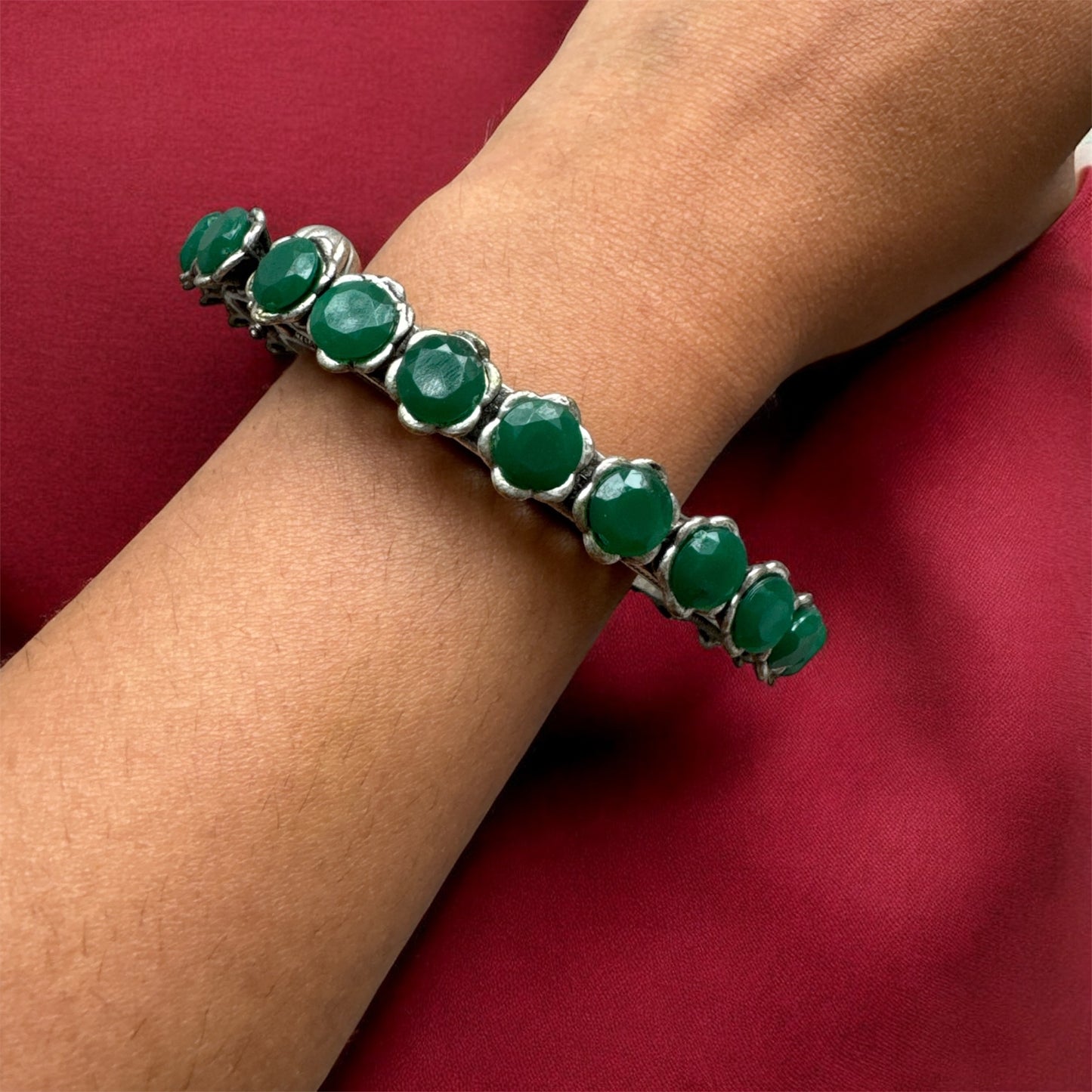 Oxidised Silver Green Stone Kada