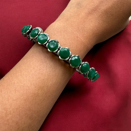 Oxidised Silver Green Stone Kada