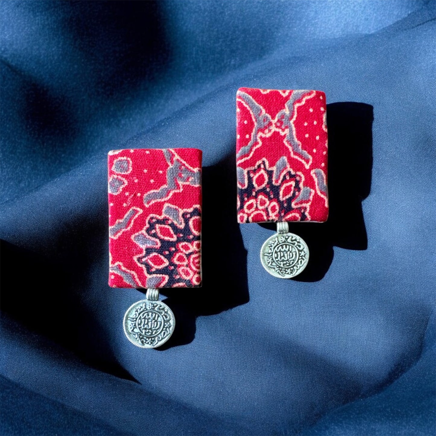 Handmade Ajrakh-Print Coin Dangle Earrings – Ethnic Block-Print Jewelry