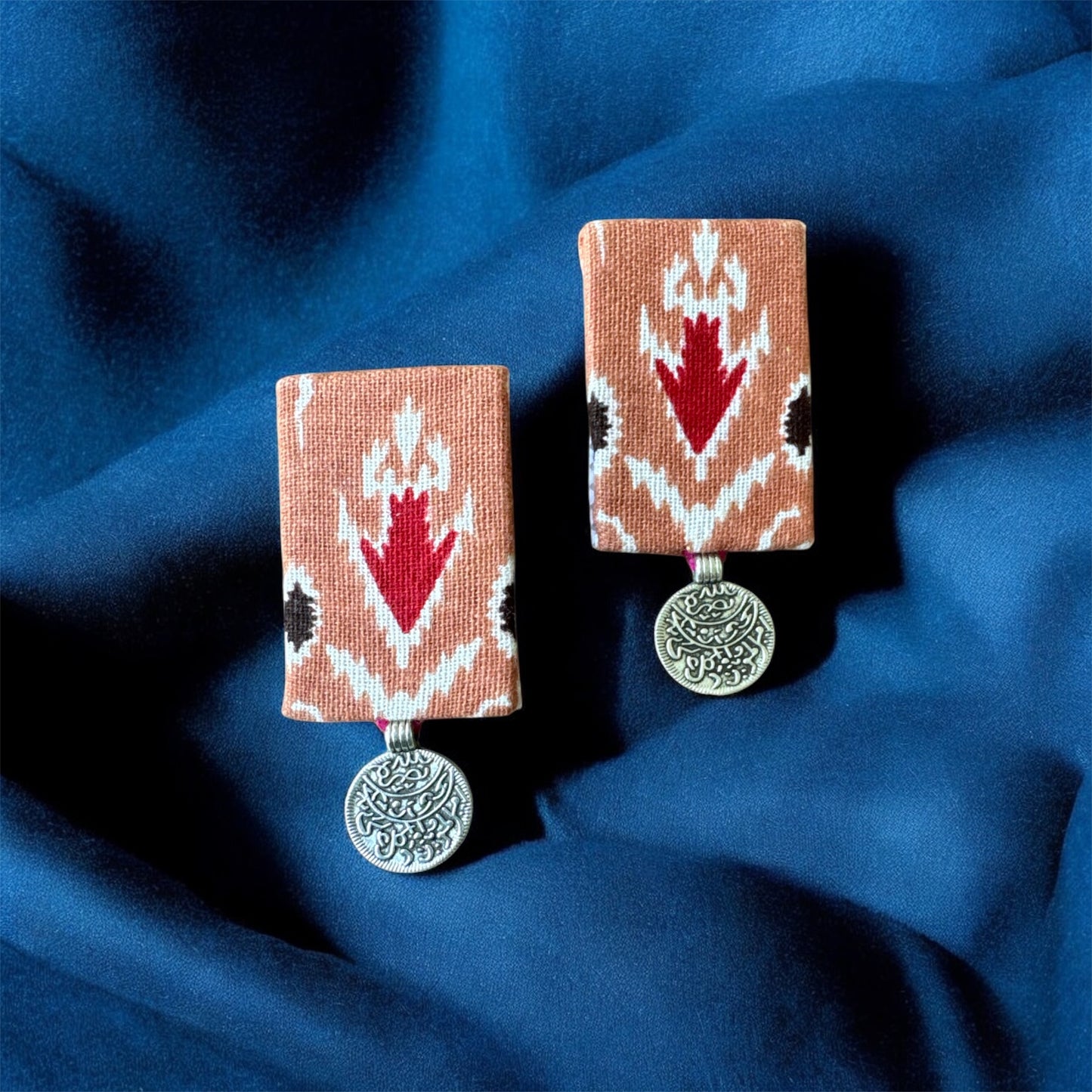 Handmade Ajrakh-Print Coin Dangle Earrings – Ethnic Block-Print Jewelry