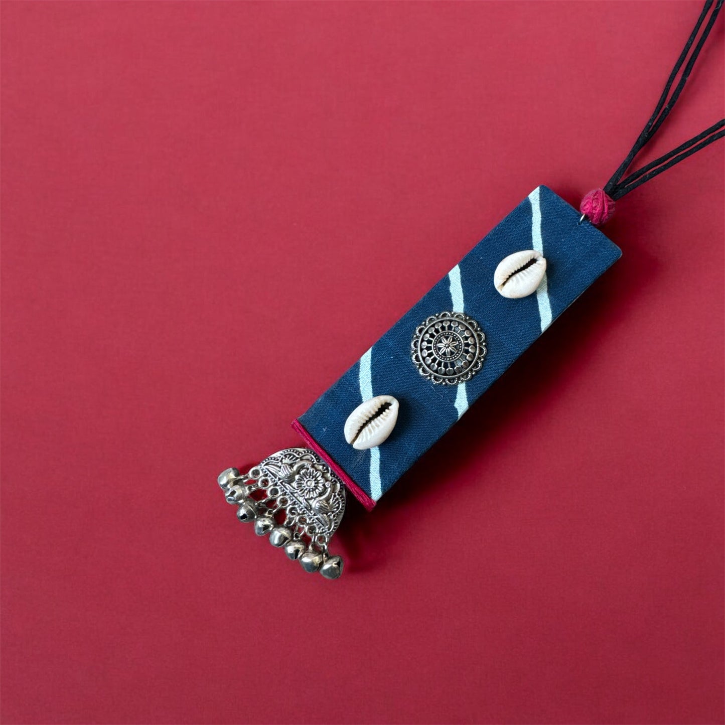 Handmade Ajrakh‑Print Neckpiece with Shell & Oxidised Charm