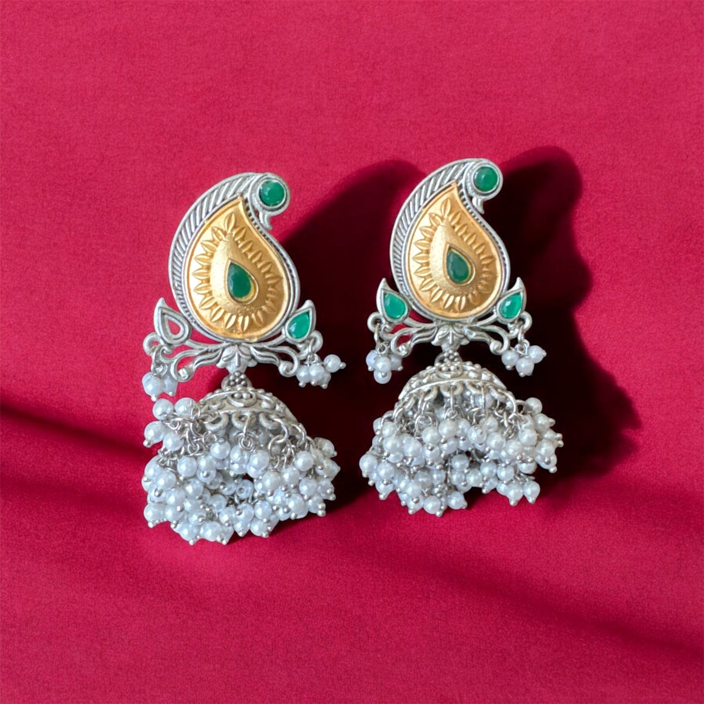 Oxidised Dual‑Tone Silver & Gold Jhumka Earrings with Pearl Fringe