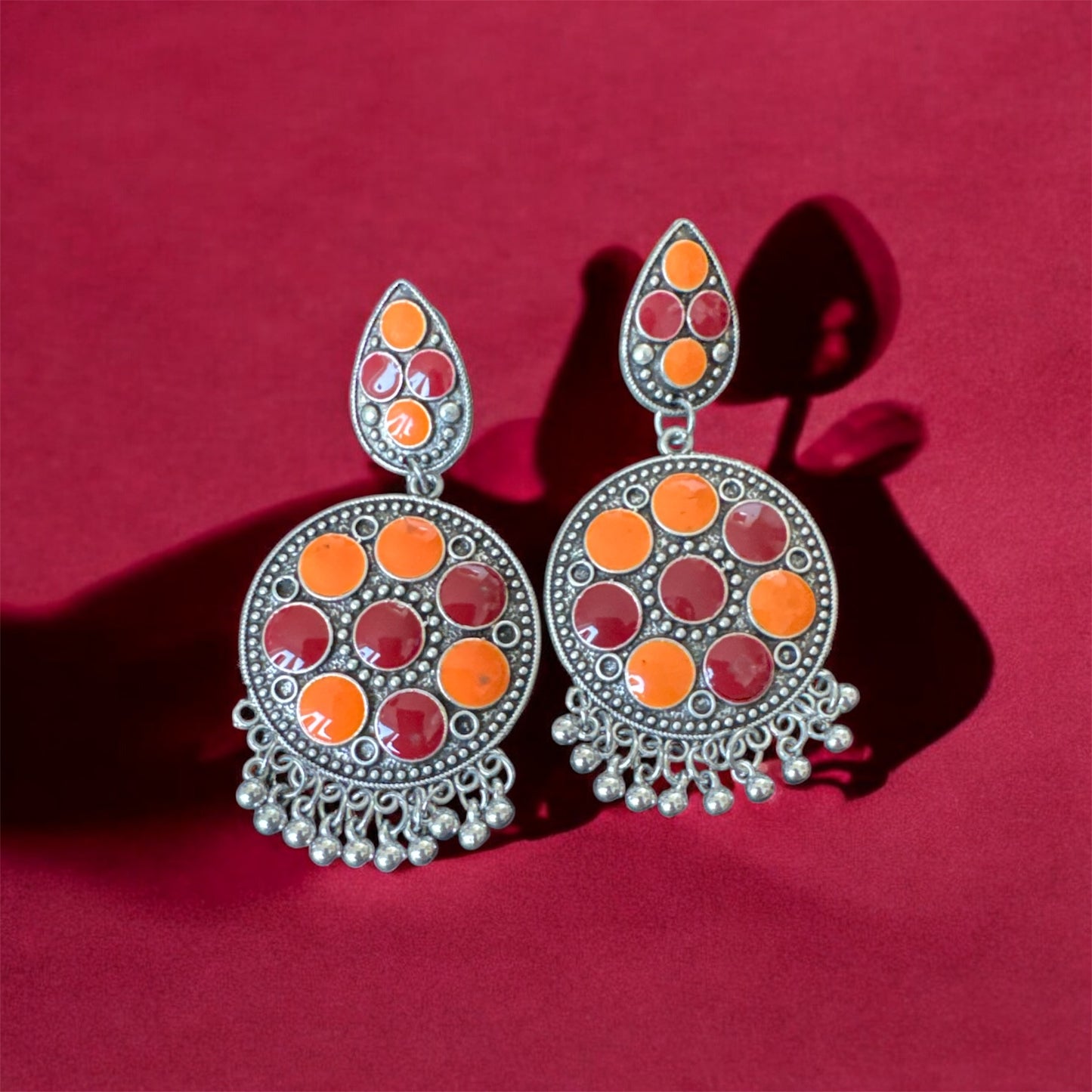 Oxidised Round Earrings – Orange & Red Design