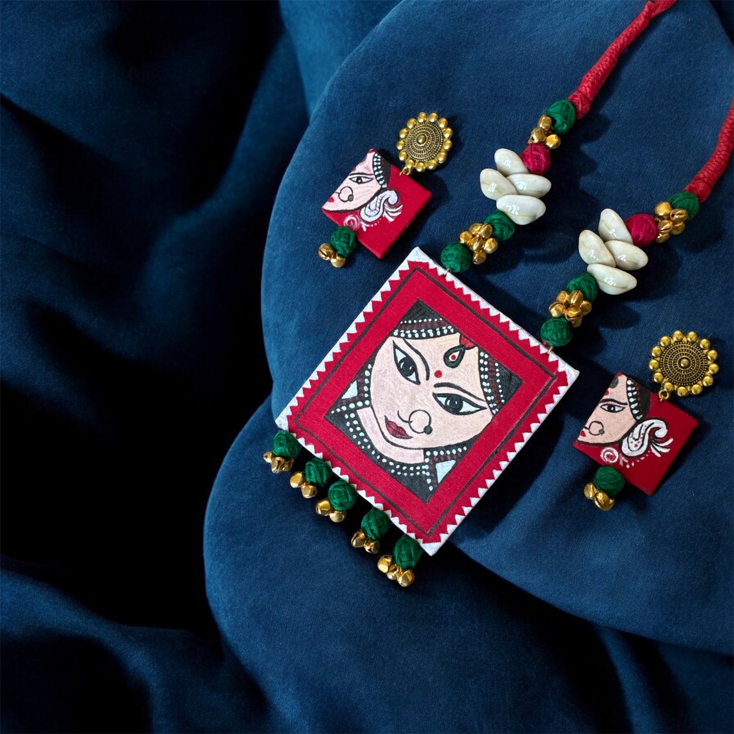 Hand‑Painted Amba Maa Necklace & Matching Earrings – Artisan Devotional Jewelry