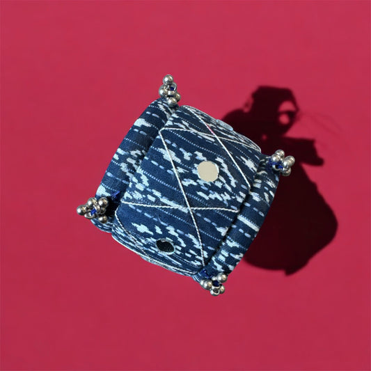 Handmade Oxidised Ajrakh‑Print Kada Bracelet with Mirror & Ghunghroo Charms