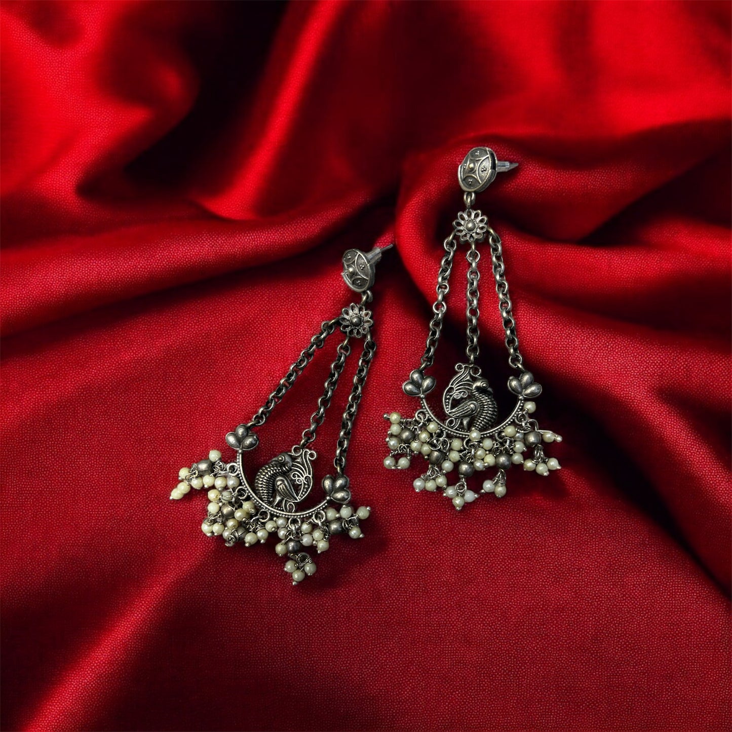 Oxidized Peacock Chandbali Jhumkas with White Pearls – Navratri Special Traditional Earrings