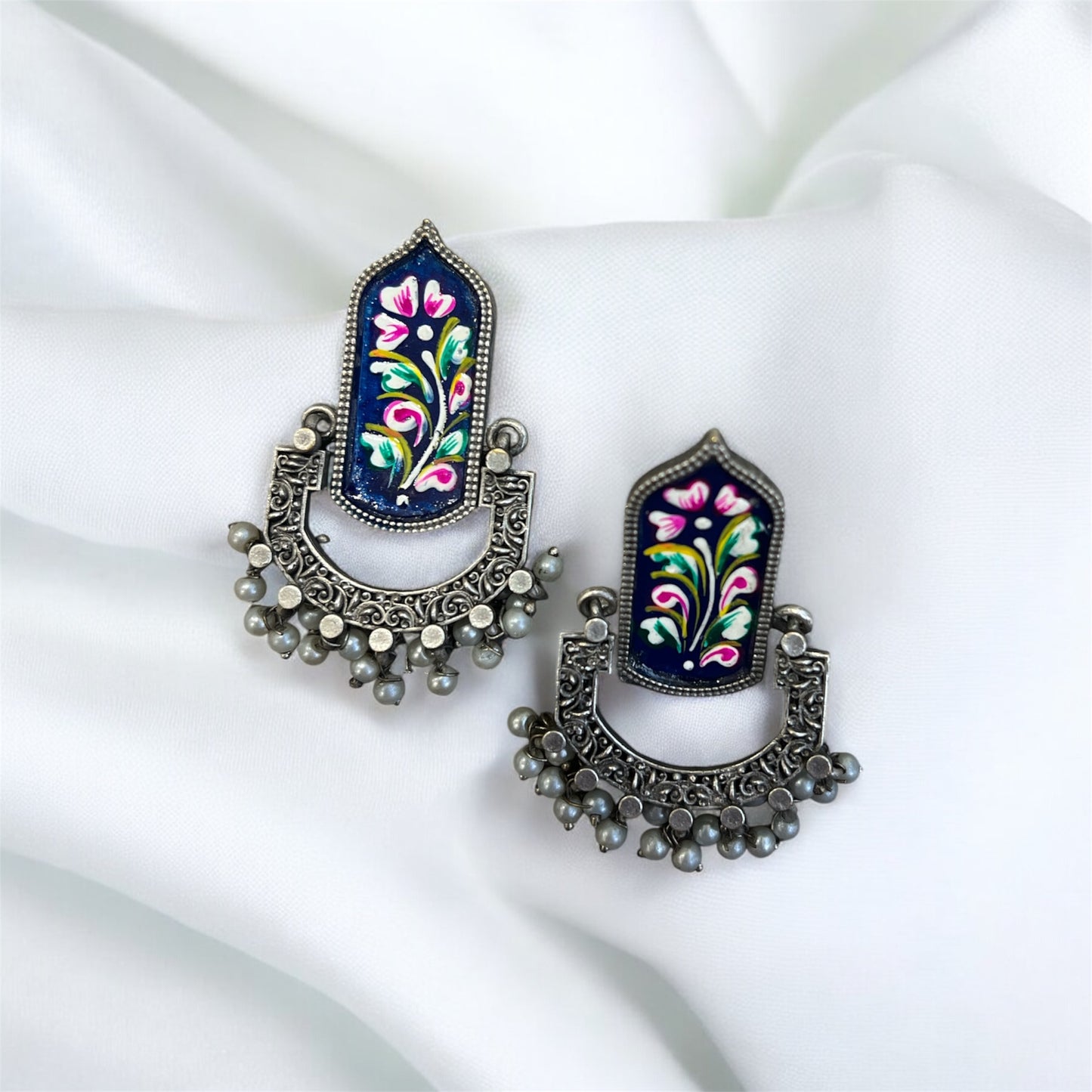 Hand-Flower Printed Oxidized Chandbali Earrings – Navratri Special Jewelry