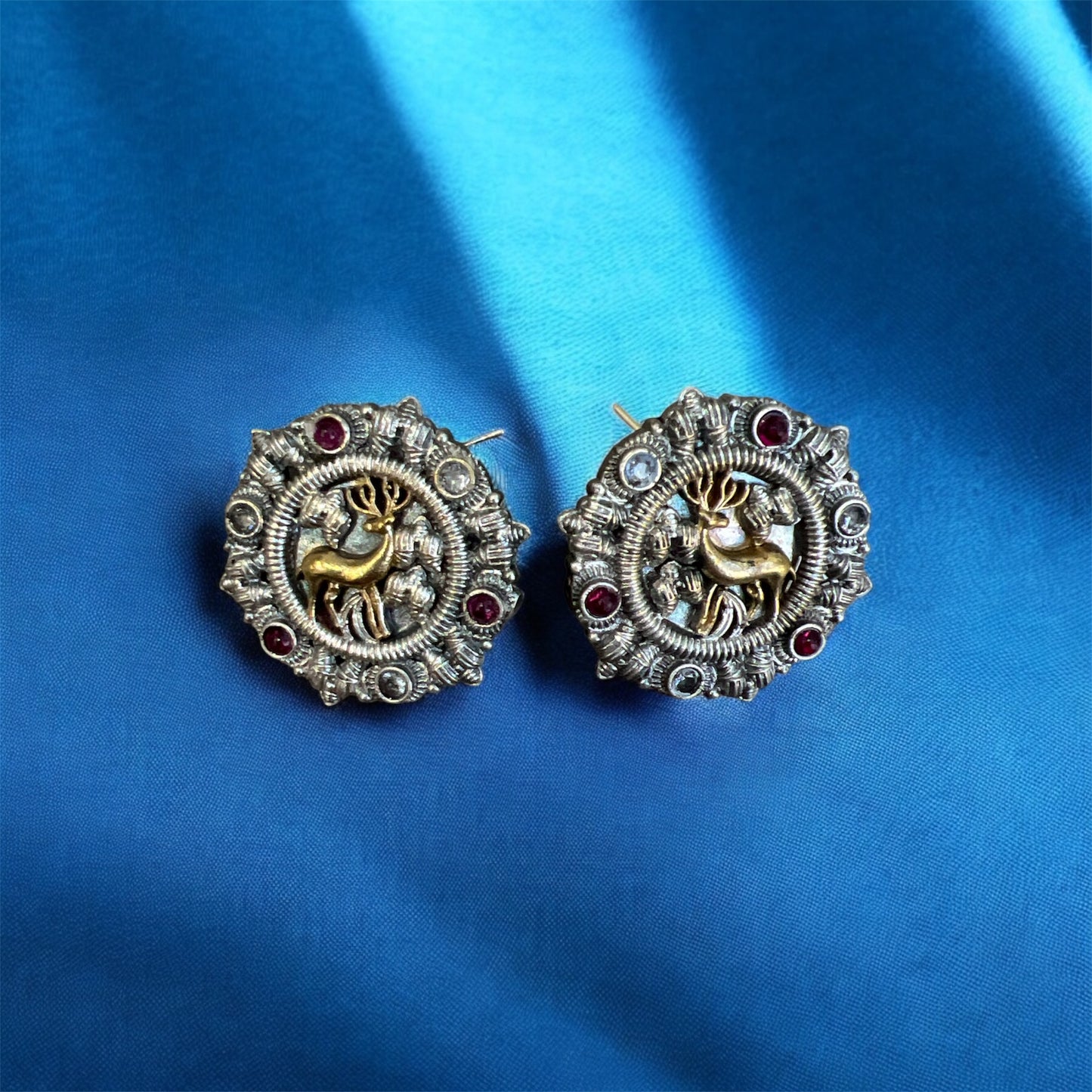 Oxidized Stone Stud Earrings with Golden Deer – Traditional Indian Studs