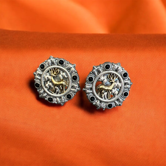 Oxidized Stone Stud Earrings with Golden Deer – Traditional Indian Studs