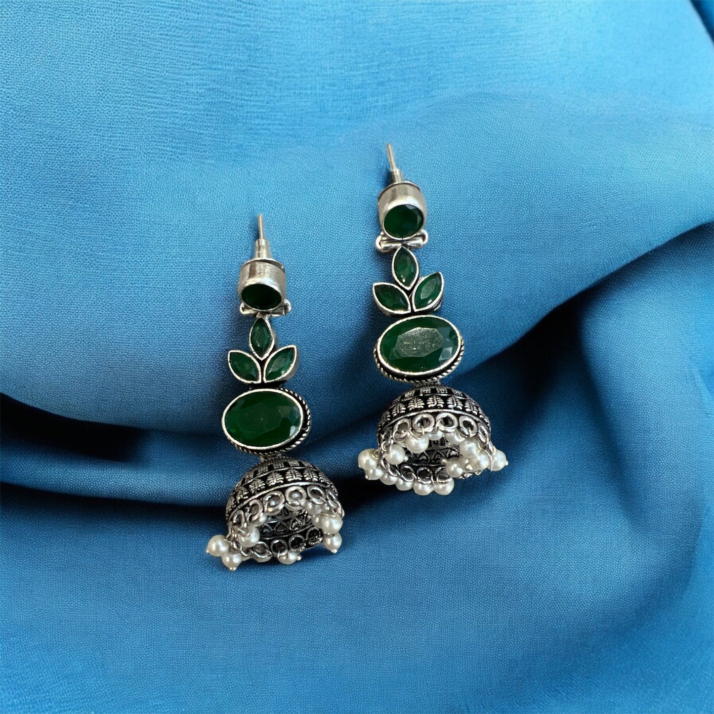 Oxidized Stone & White Pearl Jhumka Earrings