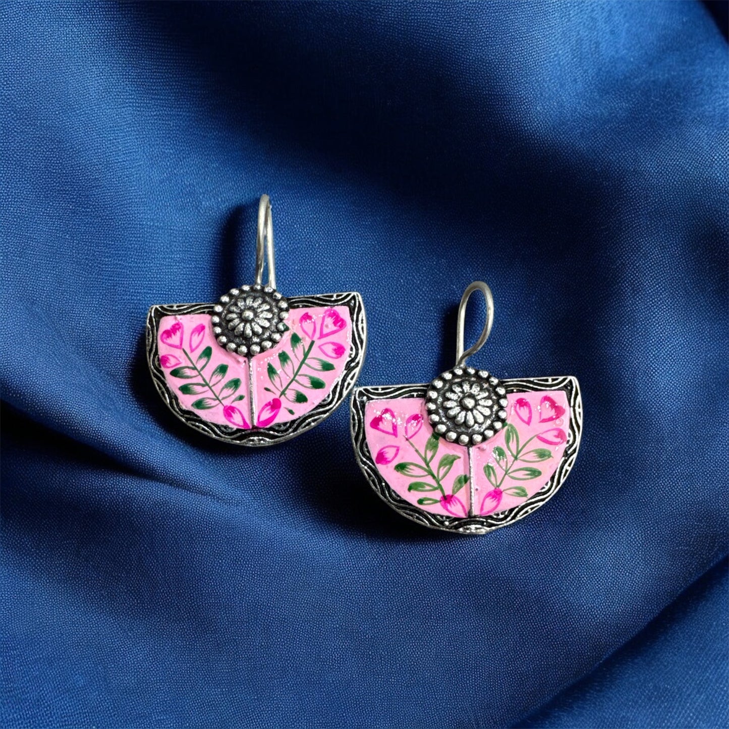 Delicate Pink Flower Dangle Earrings - Unique Half-Round Design