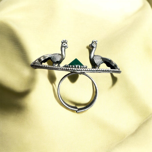 Oxidized Peacock Ring with Diamond-Shaped Stone - Regal Bohemian Elegance