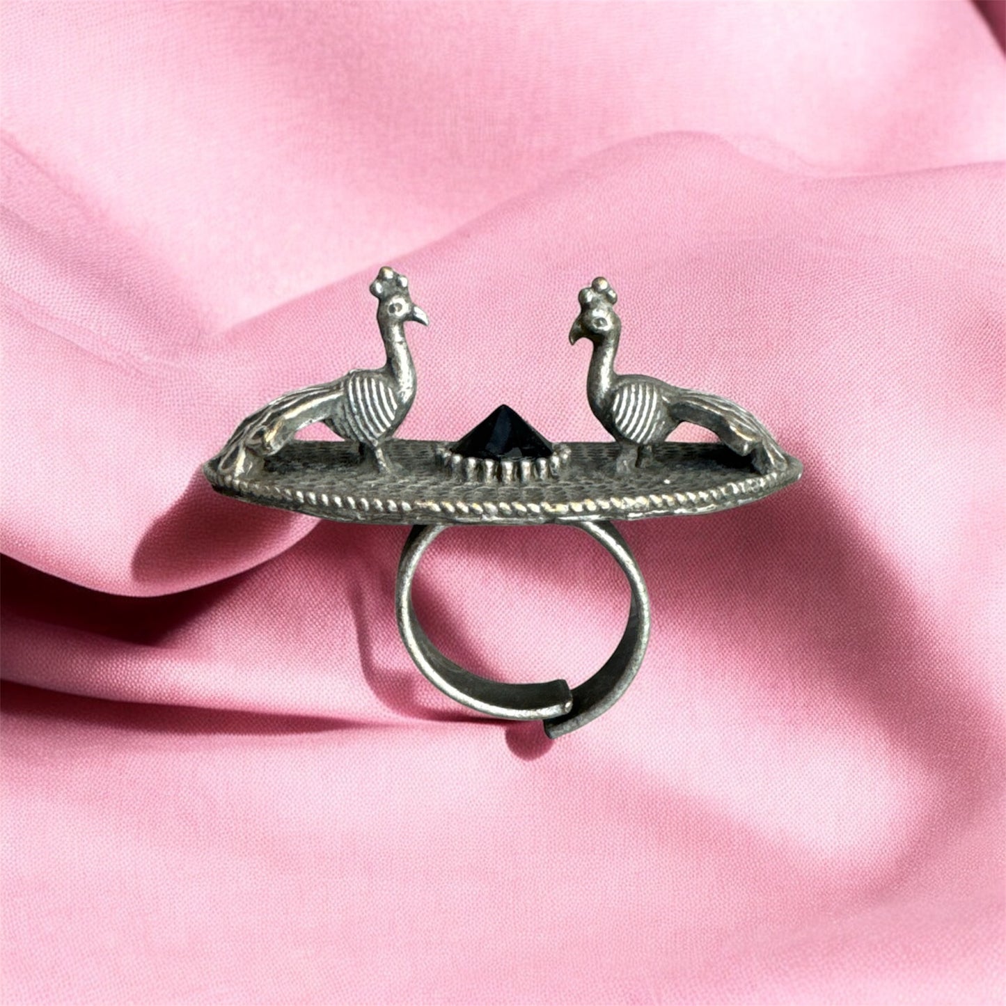 Oxidized Peacock Ring with Diamond-Shaped Stone - Regal Bohemian Elegance