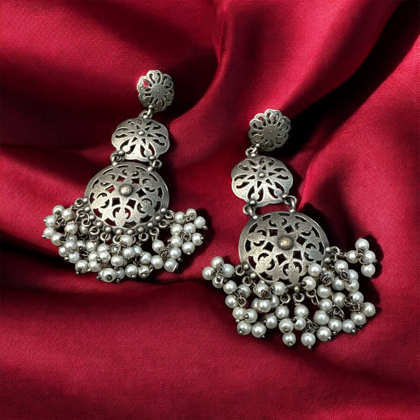 Oxidised Triple-Round Earrings with Bead Drops