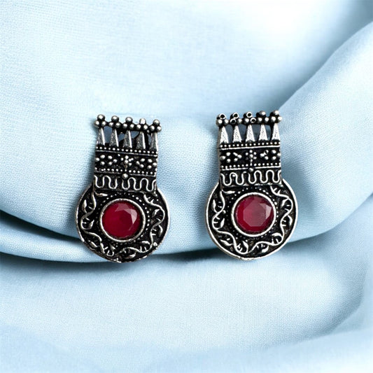 Elegant Oxidized Silver Stud Earrings with Green/Black/Pink Peridot - Timeless Vintage Design